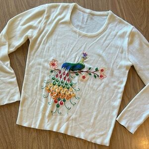 Vintage 70s Embroidered Peacock Scoop Neck Semi-Sheer Cream Ivory Sweater S/Med